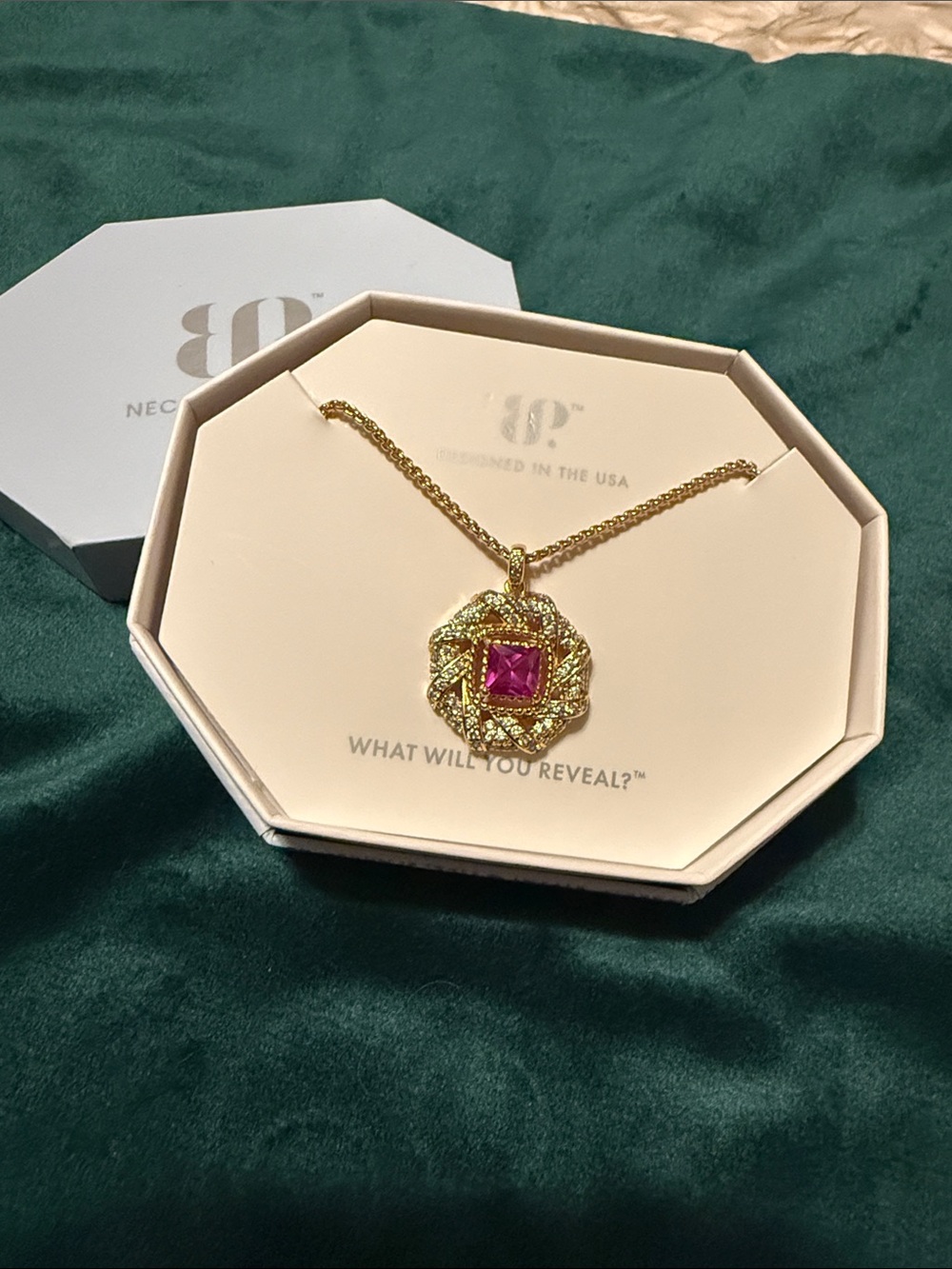 Gold Necklace with Pink Square Gemstone Pendant by 8P